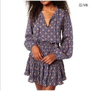 MISA‎ Los Angeles Revolove XS Boho Print Mini Dress Blue Long Sleeve Fall Style